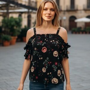 Famous Skies are Blue Large Petite Floral Black Off-Shoulder Top w Ribbon Detail